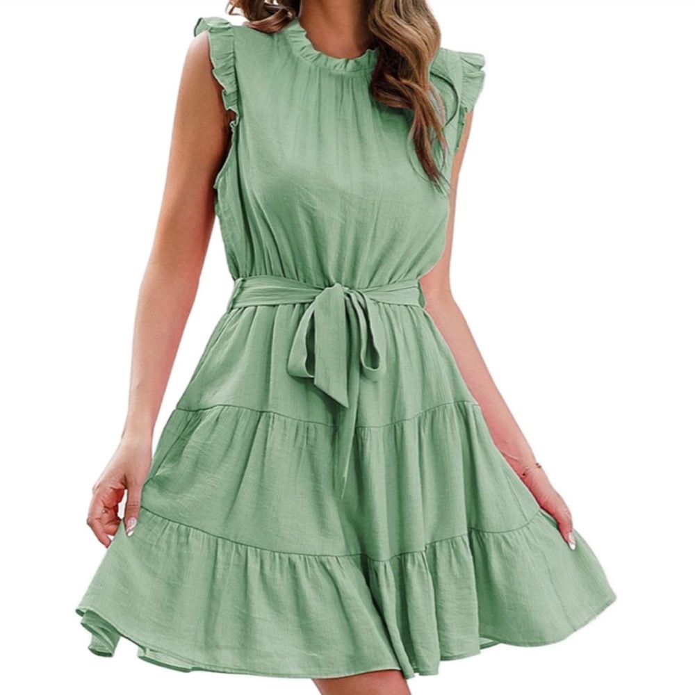 NWT Infashule Green Mini Dress Short Ruffle Sleeve Crew Neck Women’s Size M